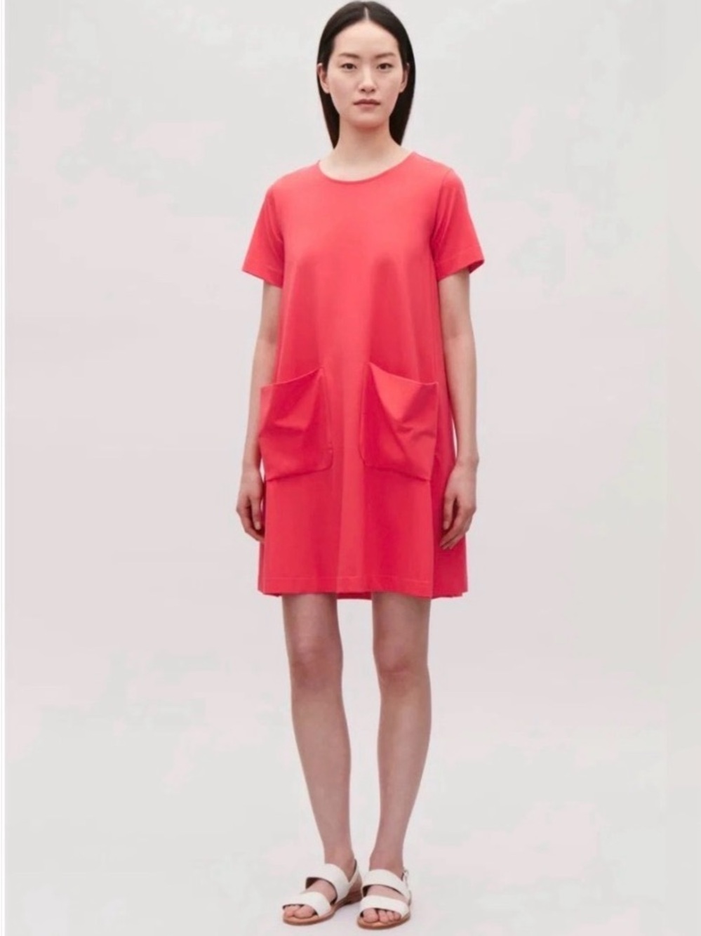 COS Scoop Neck Short Sleeve A-line Dress in Coral Red